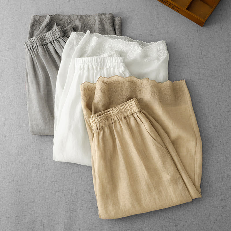 Pantaloni a gamba larga da donna in cotone con tasche, modello Buddha Stones Commute, tinta unita, con ricamo in pizzo