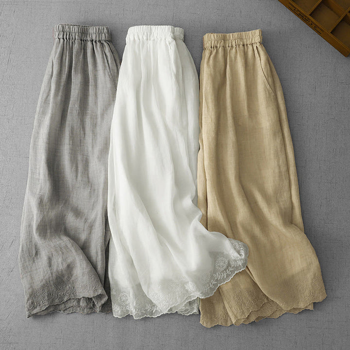 Pantaloni a gamba larga da donna in cotone con tasche, modello Buddha Stones Commute, tinta unita, con ricamo in pizzo