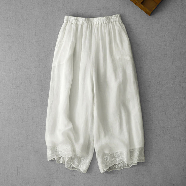 Pantaloni a gamba larga da donna in cotone con tasche, modello Buddha Stones Commute, tinta unita, con ricamo in pizzo