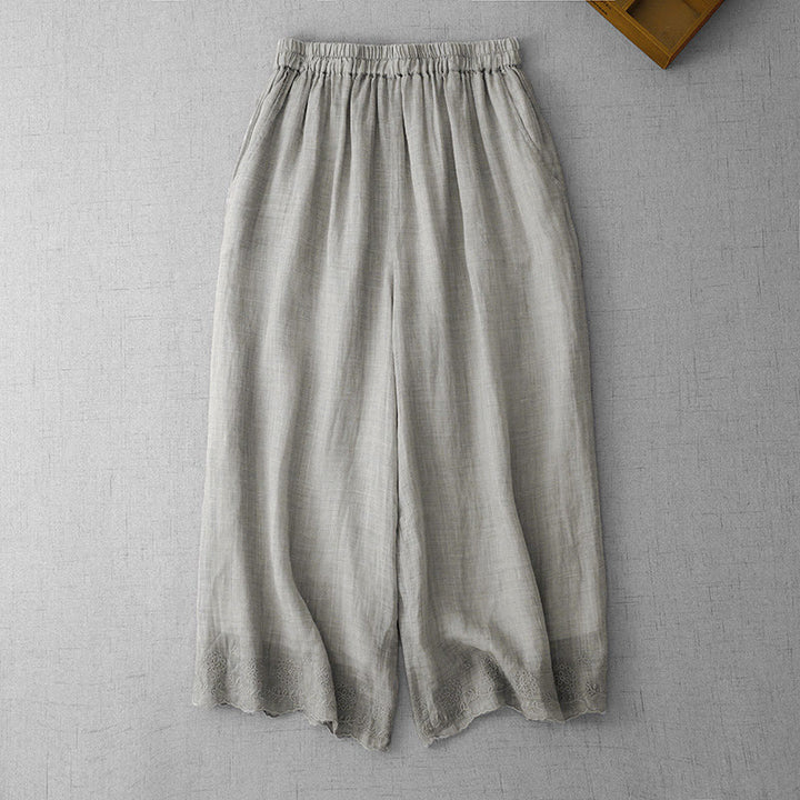 Pantaloni a gamba larga da donna in cotone con tasche, modello Buddha Stones Commute, tinta unita, con ricamo in pizzo