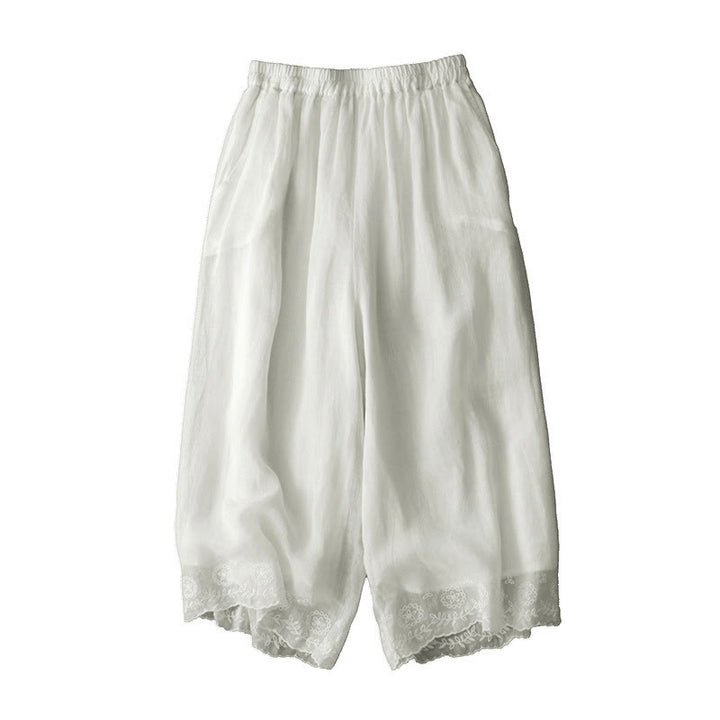Pantaloni a gamba larga da donna in cotone con tasche, modello Buddha Stones Commute, tinta unita, con ricamo in pizzo