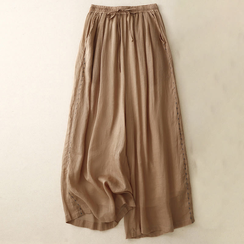 Pantaloni da donna in cotone a gamba larga con tasche, lunghezza alla caviglia, con coulisse e ricamo tinta unita Buddha Stones Commute