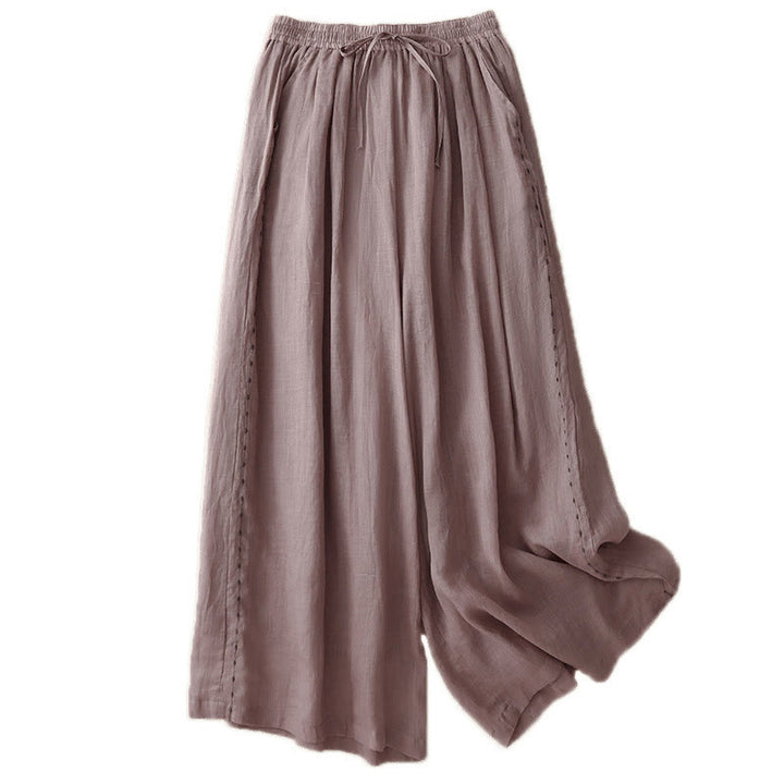 Pantaloni da donna in cotone a gamba larga con tasche, lunghezza alla caviglia, con coulisse e ricamo tinta unita Buddha Stones Commute