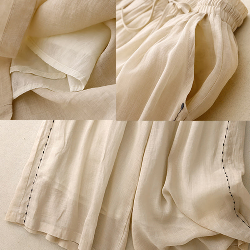 Pantaloni da donna in cotone a gamba larga con tasche, lunghezza alla caviglia, con coulisse e ricamo tinta unita Buddha Stones Commute - image 7