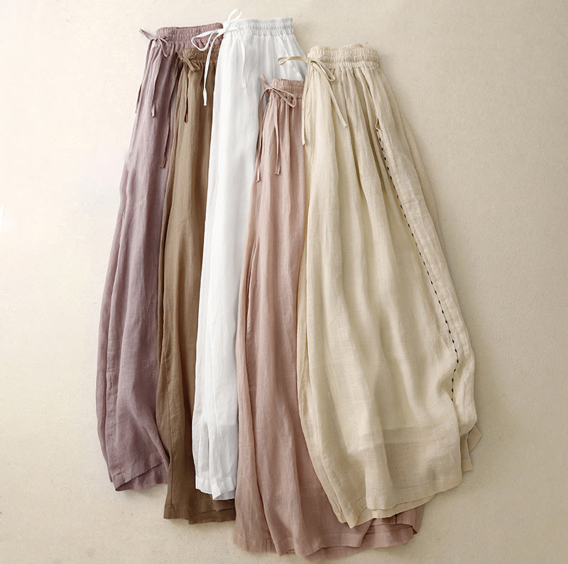 Pantaloni da donna in cotone a gamba larga con tasche, lunghezza alla caviglia, con coulisse e ricamo tinta unita Buddha Stones Commute
