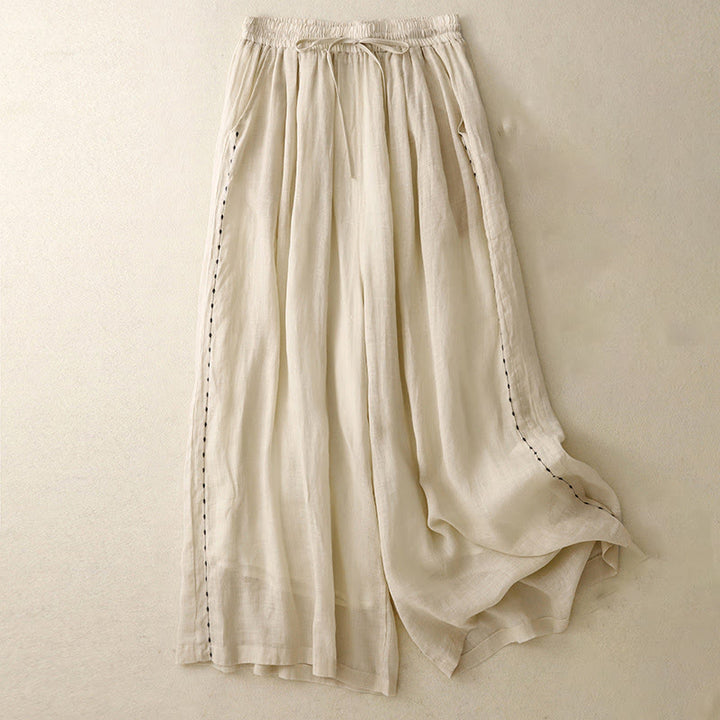 Pantaloni da donna in cotone a gamba larga con tasche, lunghezza alla caviglia, con coulisse e ricamo tinta unita Buddha Stones Commute