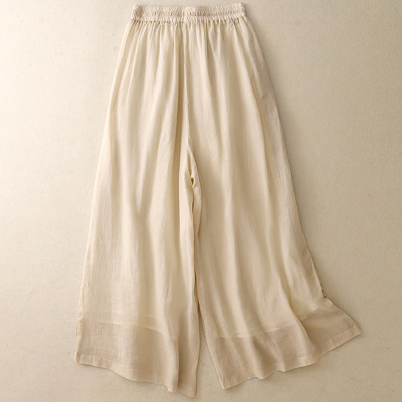 Pantaloni da donna in cotone a gamba larga con tasche, lunghezza alla caviglia, con coulisse e ricamo tinta unita Buddha Stones Commute