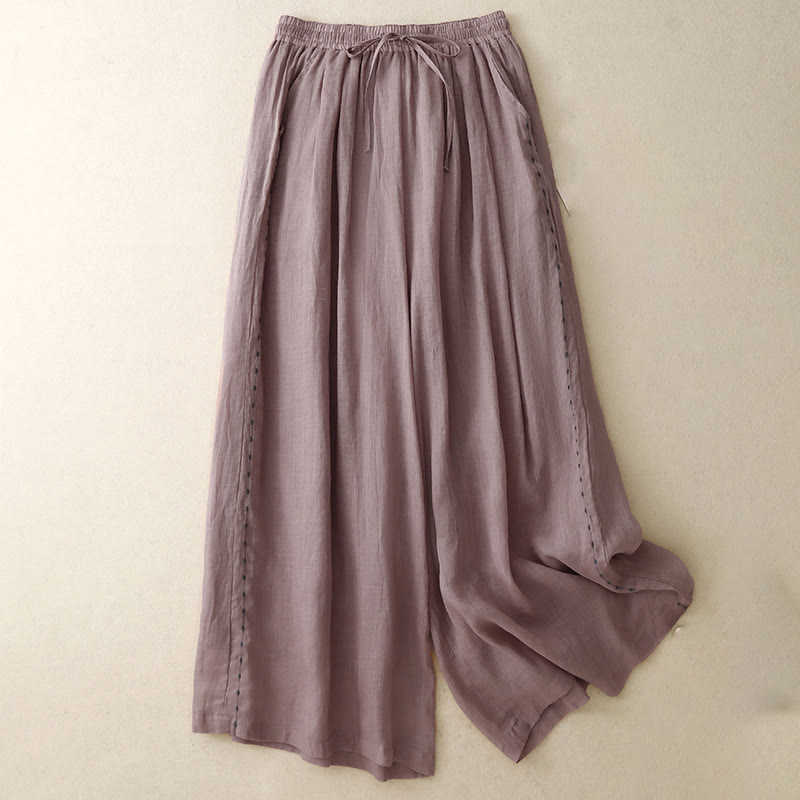 Pantaloni da donna in cotone a gamba larga con tasche, lunghezza alla caviglia, con coulisse e ricamo tinta unita Buddha Stones Commute