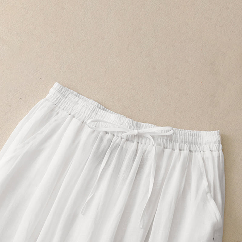 Pantaloni da donna in cotone a gamba larga con tasche, lunghezza alla caviglia, con coulisse e ricamo tinta unita Buddha Stones Commute