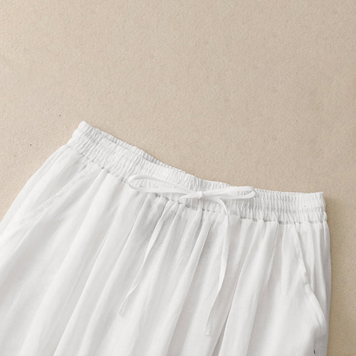 Pantaloni da donna in cotone a gamba larga con tasche, lunghezza alla caviglia, con coulisse e ricamo tinta unita Buddha Stones Commute