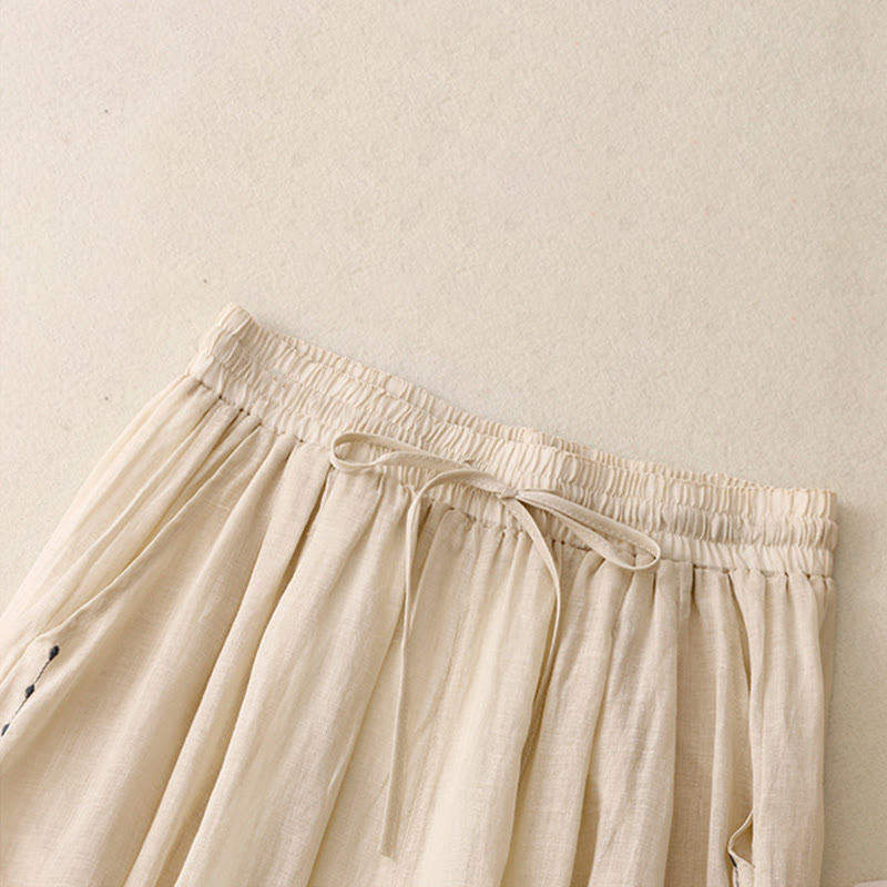 Pantaloni da donna in cotone a gamba larga con tasche, lunghezza alla caviglia, con coulisse e ricamo tinta unita Buddha Stones Commute