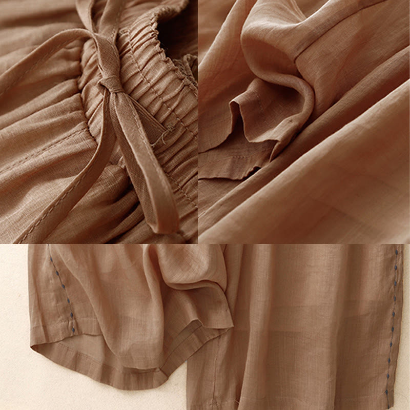 Pantaloni da donna in cotone a gamba larga con tasche, lunghezza alla caviglia, con coulisse e ricamo tinta unita Buddha Stones Commute