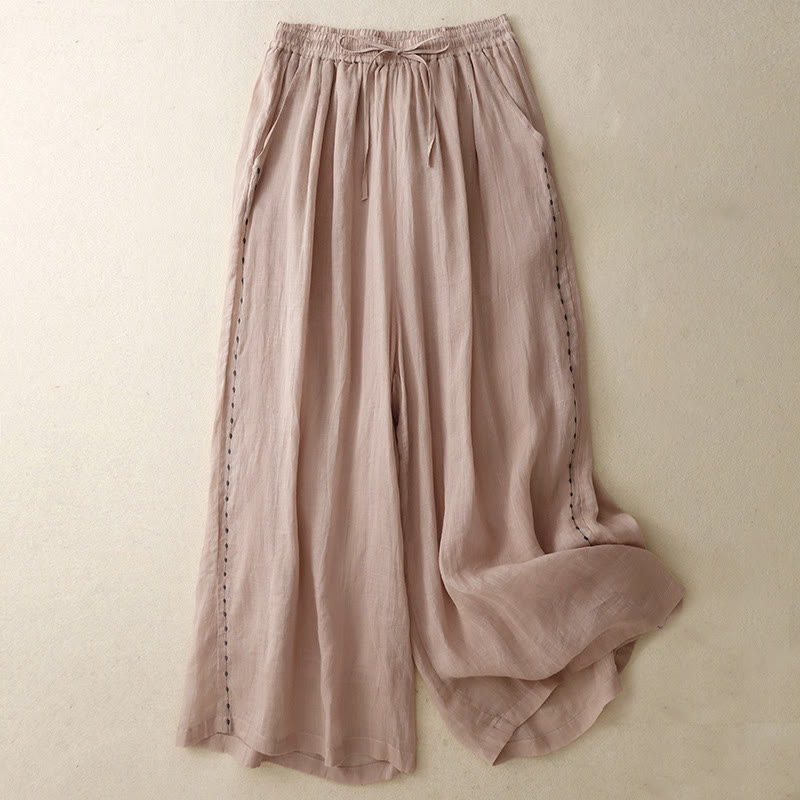 Pantaloni da donna in cotone a gamba larga con tasche, lunghezza alla caviglia, con coulisse e ricamo tinta unita Buddha Stones Commute