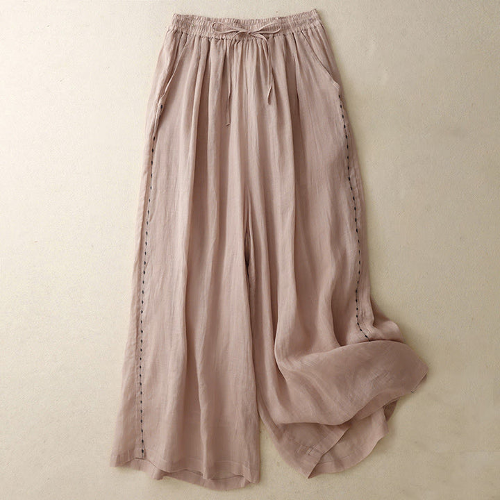 Pantaloni da donna in cotone a gamba larga con tasche, lunghezza alla caviglia, con coulisse e ricamo tinta unita Buddha Stones Commute