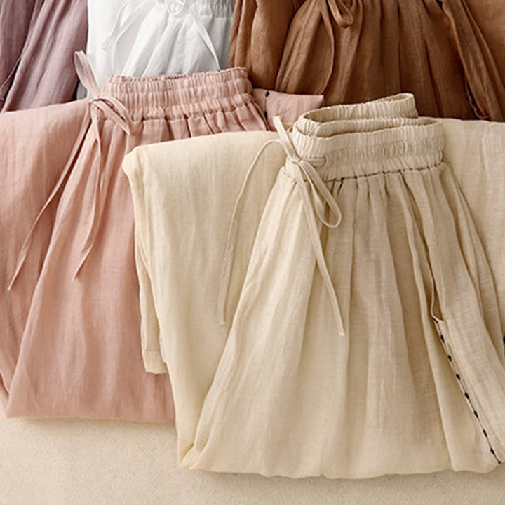 Pantaloni da donna in cotone a gamba larga con tasche, lunghezza alla caviglia, con coulisse e ricamo tinta unita Buddha Stones Commute