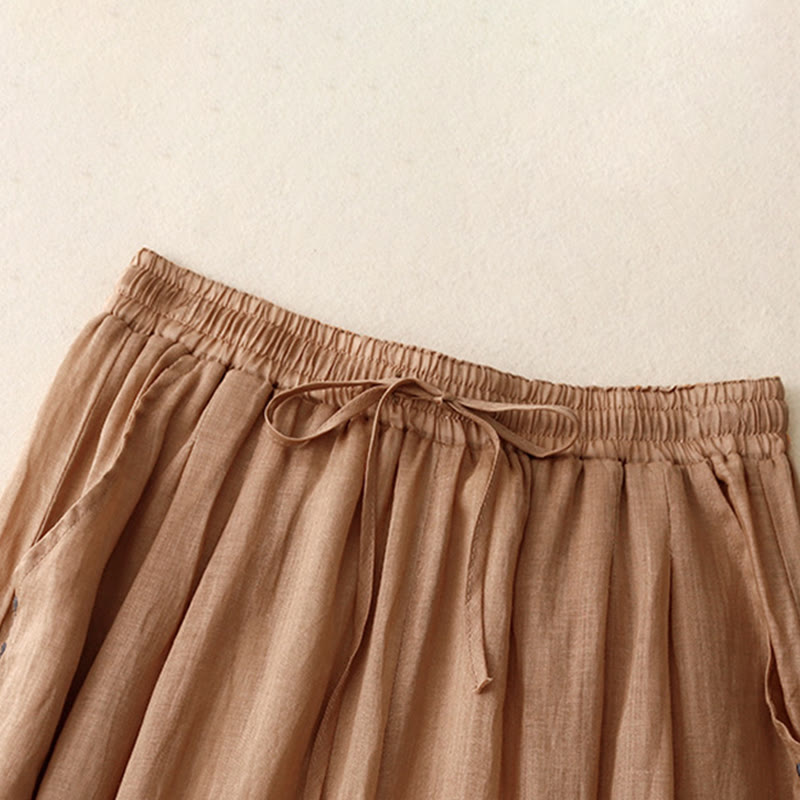 Pantaloni da donna in cotone a gamba larga con tasche, lunghezza alla caviglia, con coulisse e ricamo tinta unita Buddha Stones Commute