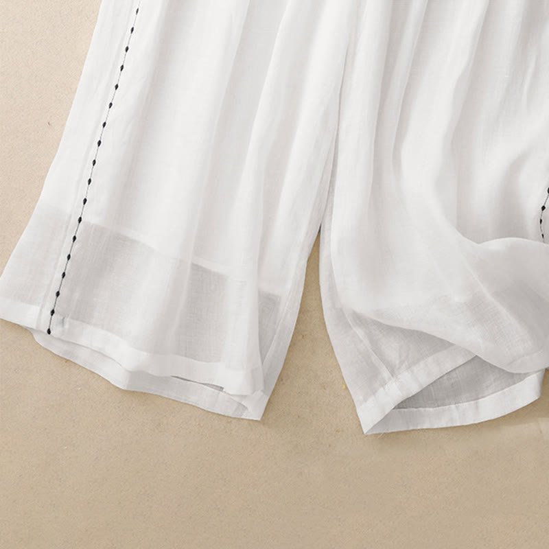 Pantaloni da donna in cotone a gamba larga con tasche, lunghezza alla caviglia, con coulisse e ricamo tinta unita Buddha Stones Commute