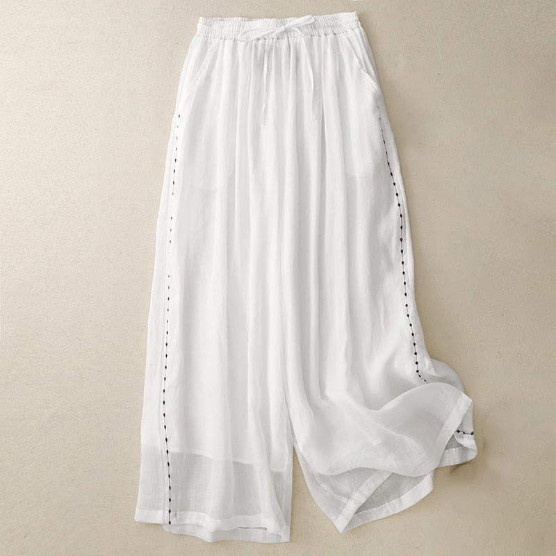 Pantaloni da donna in cotone a gamba larga con tasche, lunghezza alla caviglia, con coulisse e ricamo tinta unita Buddha Stones Commute
