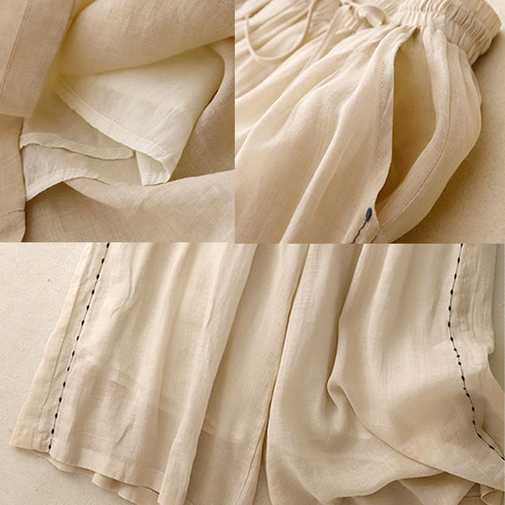 Pantaloni da donna in cotone a gamba larga con tasche, lunghezza alla caviglia, con coulisse e ricamo tinta unita Buddha Stones Commute