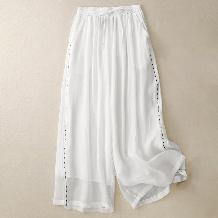 Pantaloni da donna in cotone a gamba larga con tasche, lunghezza alla caviglia, con coulisse e ricamo tinta unita Buddha Stones Commute - Bianco - US8-10, UK/AU12-14, EU40-42 (2XL) - image 8