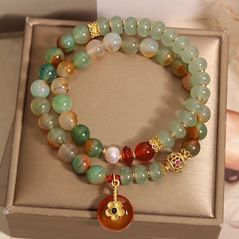 Braccialetto di supporto a doppio strato con fibbia in perle, agata pavone naturale colorata, fiore Buddha Stones