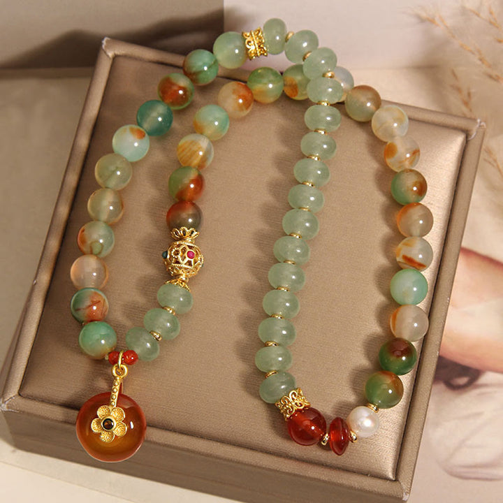 Braccialetto di supporto a doppio strato con fibbia in perle, agata pavone naturale colorata, fiore Buddha Stones