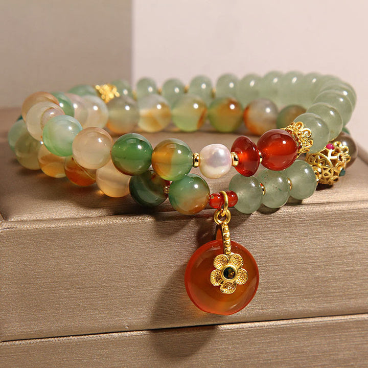 Braccialetto di supporto a doppio strato con fibbia in perle, agata pavone naturale colorata, fiore Buddha Stones