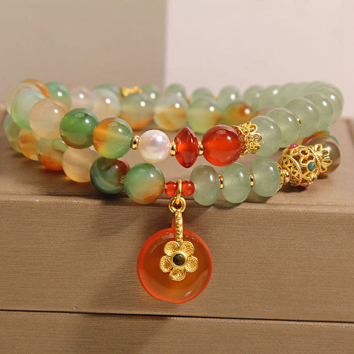 Braccialetto di supporto a doppio strato con fibbia in perle, agata pavone naturale colorata, fiore Buddha Stones