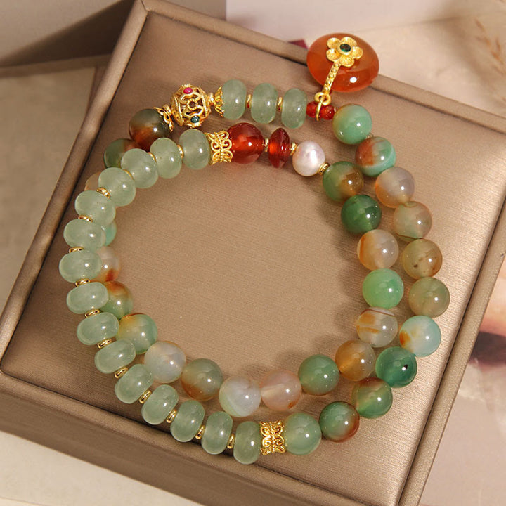 Braccialetto di supporto a doppio strato con fibbia in perle, agata pavone naturale colorata, fiore Buddha Stones