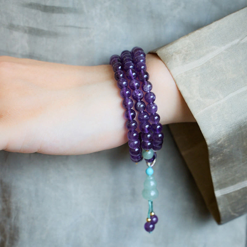 Bracciale multistrato in equilibrio di loto, con perle di ametista naturale, pendente con zucca e calcedonio, perline Buddha Stones