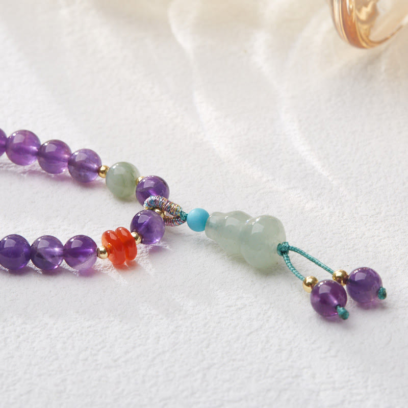 Bracciale multistrato in equilibrio di loto, con perle di ametista naturale, pendente con zucca e calcedonio, perline Buddha Stones