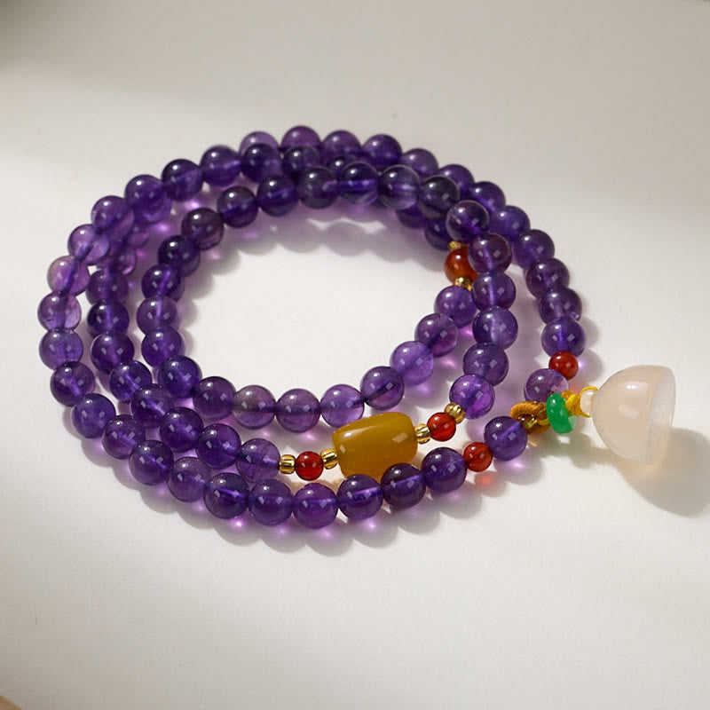 Bracciale multistrato in equilibrio di loto, con perle di ametista naturale, pendente con zucca e calcedonio, perline Buddha Stones