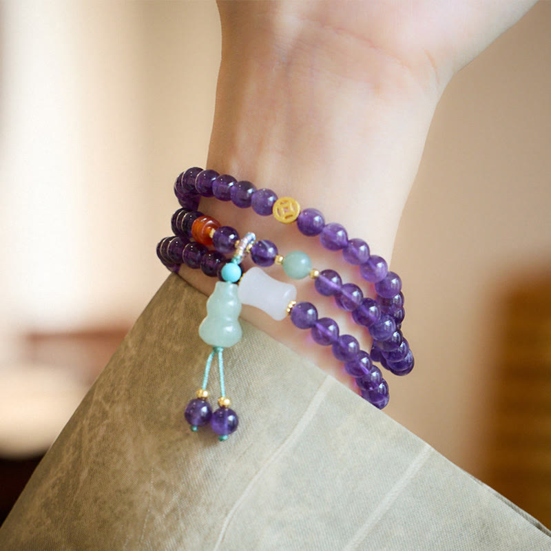 Bracciale multistrato in equilibrio di loto, con perle di ametista naturale, pendente con zucca e calcedonio, perline Buddha Stones