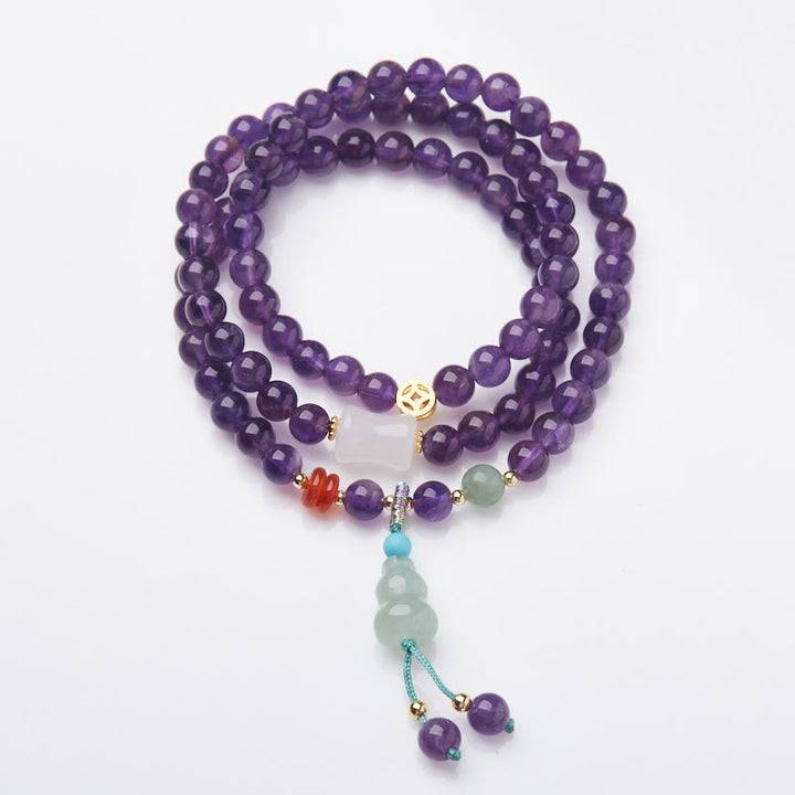 Bracciale multistrato in equilibrio di loto, con perle di ametista naturale, pendente con zucca e calcedonio, perline Buddha Stones