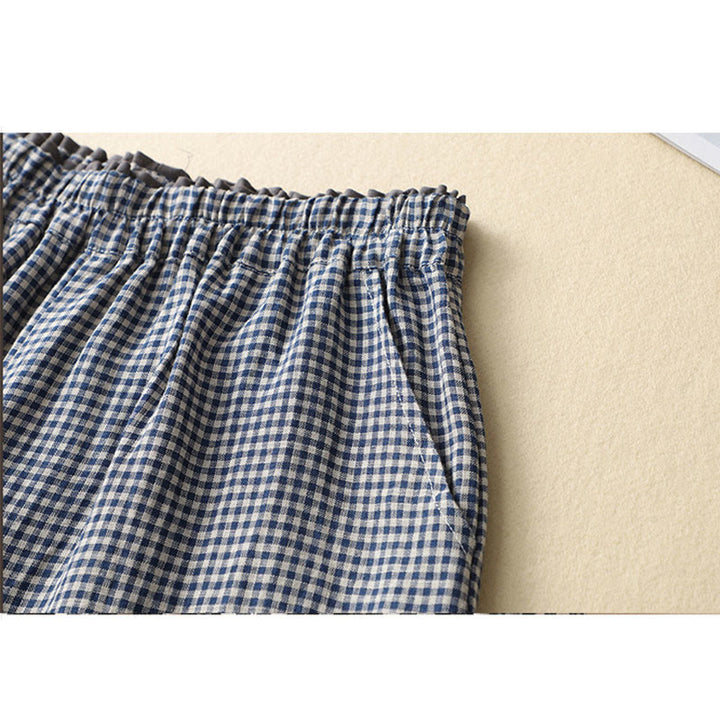 Pantaloni da donna in lino e cotone a gamba larga con tasche, modello casual a quadri Buddha Stones Commute, lunghezza 7-8
