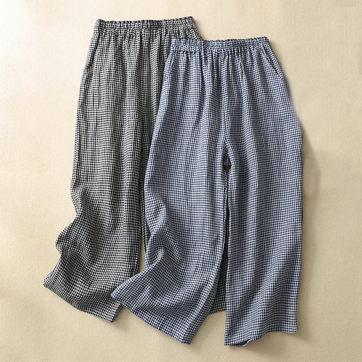 Pantaloni da donna in lino e cotone a gamba larga con tasche, modello casual a quadri Buddha Stones Commute, lunghezza 7-8