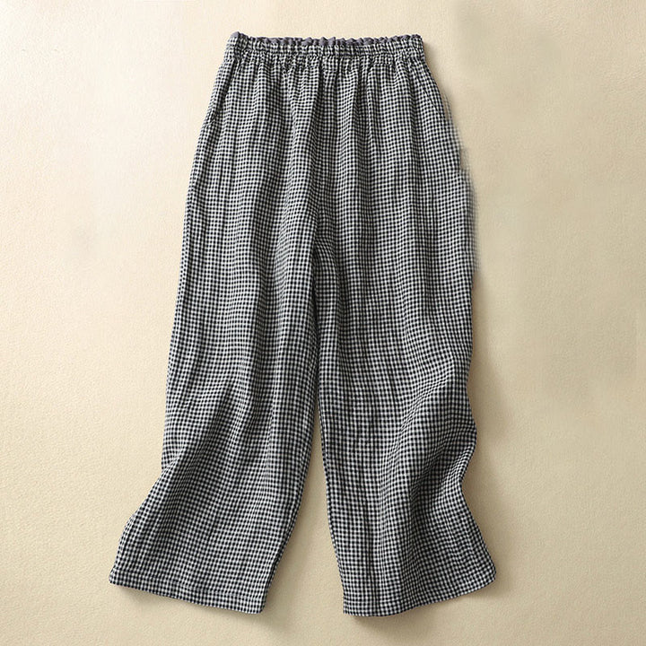 Pantaloni da donna in lino e cotone a gamba larga con tasche, modello casual a quadri Buddha Stones Commute, lunghezza 7-8
