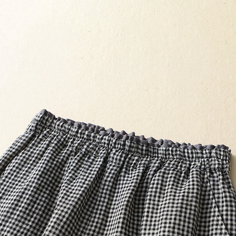 Pantaloni da donna in lino e cotone a gamba larga con tasche, modello casual a quadri Buddha Stones Commute, lunghezza 7-8