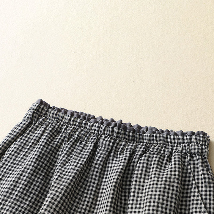 Pantaloni da donna in lino e cotone a gamba larga con tasche, modello casual a quadri Buddha Stones Commute, lunghezza 7-8