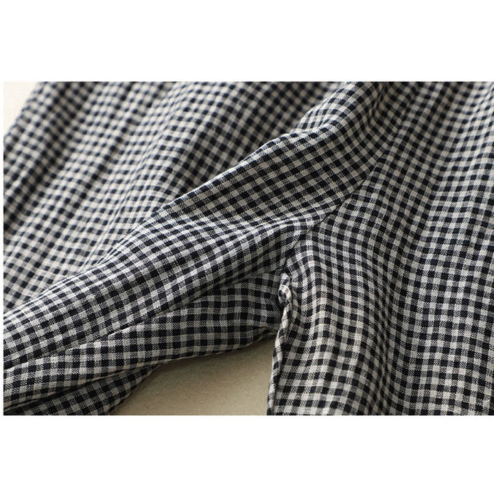 Pantaloni da donna in lino e cotone a gamba larga con tasche, modello casual a quadri Buddha Stones Commute, lunghezza 7-8