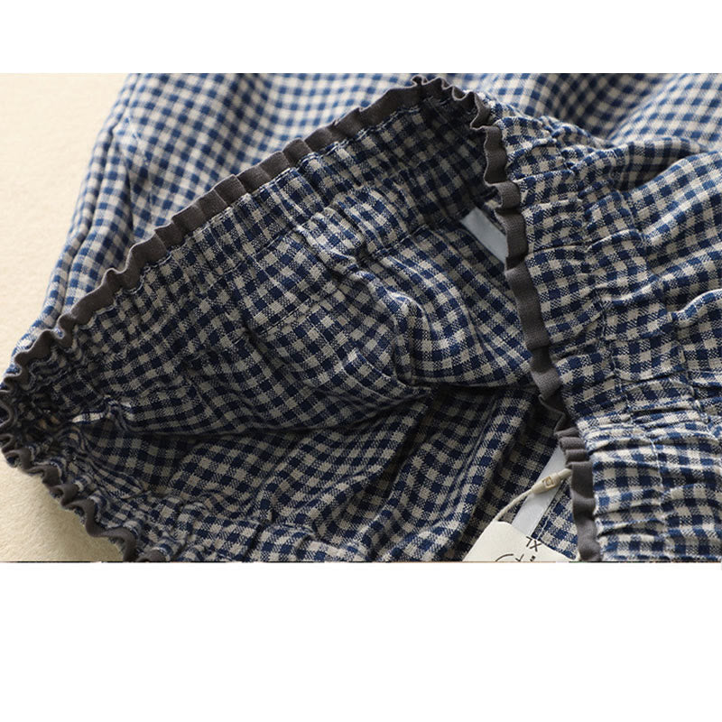 Pantaloni da donna in lino e cotone a gamba larga con tasche, modello casual a quadri Buddha Stones Commute, lunghezza 7-8