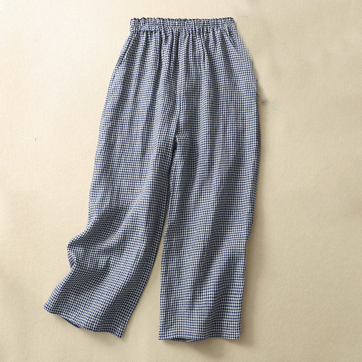 Pantaloni da donna in lino e cotone a gamba larga con tasche, modello casual a quadri Buddha Stones Commute, lunghezza 7-8