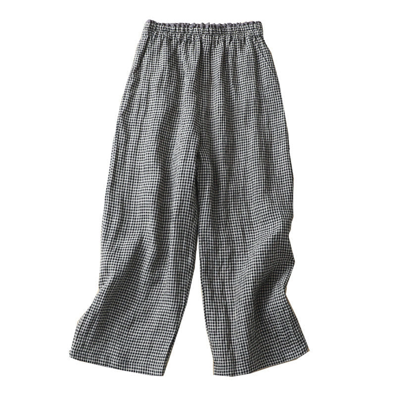 Pantaloni da donna in lino e cotone a gamba larga con tasche, modello casual a quadri Buddha Stones Commute, lunghezza 7-8