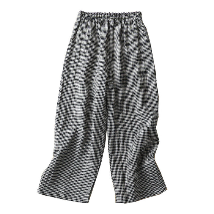 Pantaloni da donna in lino e cotone a gamba larga con tasche, modello casual a quadri Buddha Stones Commute, lunghezza 7-8