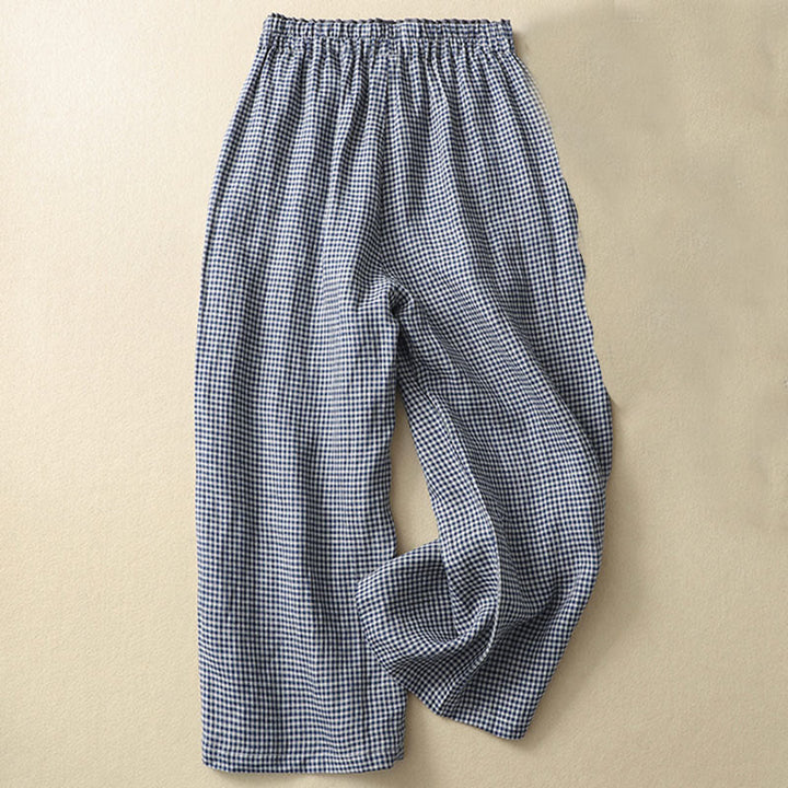 Pantaloni da donna in lino e cotone a gamba larga con tasche, modello casual a quadri Buddha Stones Commute, lunghezza 7-8