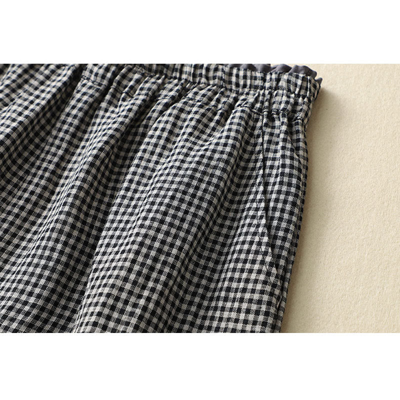 Pantaloni da donna in lino e cotone a gamba larga con tasche, modello casual a quadri Buddha Stones Commute, lunghezza 7-8