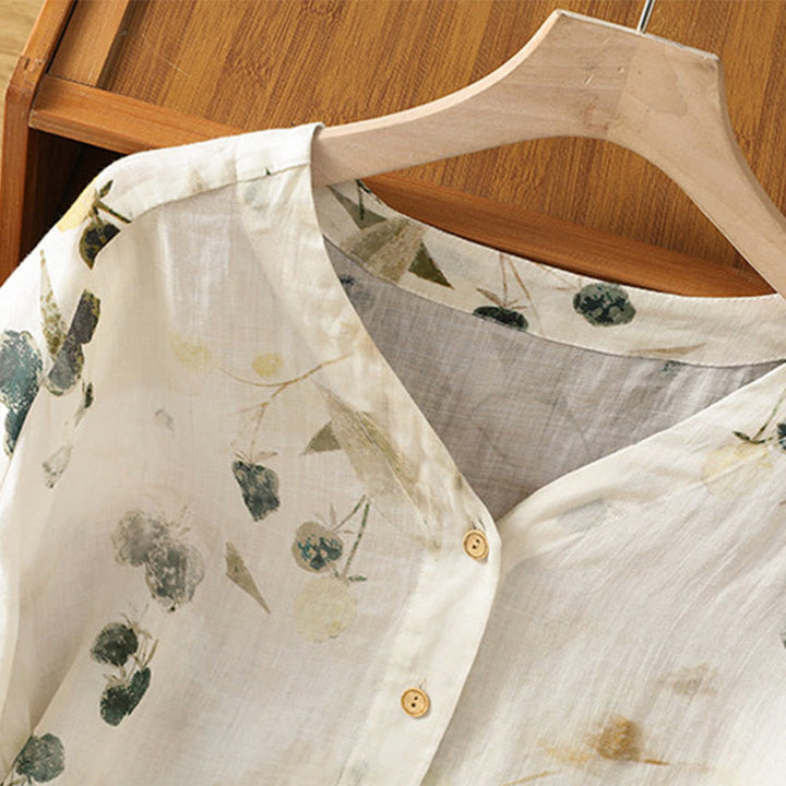 Camicia da donna a maniche a tre quarti in poliestere con scollo a V e stampa Buddha Stones piante, con bottoni. - image 3