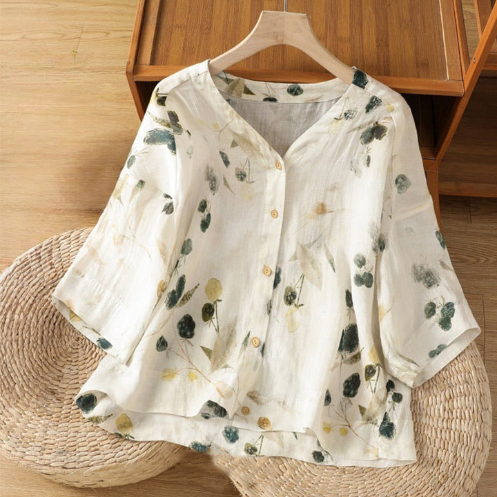 Camicia da donna a maniche a tre quarti in poliestere con scollo a V e stampa Buddha Stones piante, con bottoni. - Avorio - US14, UK/AU18, EU46 (2XL) - image 0