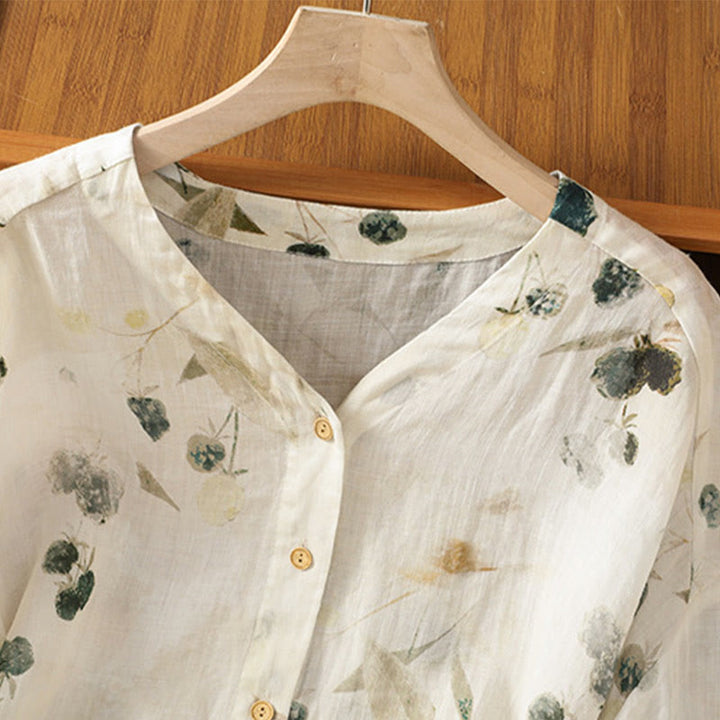 Camicia da donna a maniche a tre quarti in poliestere con scollo a V e stampa Buddha Stones piante, con bottoni. - image 2