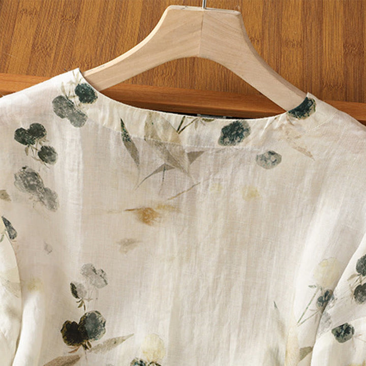 Camicia da donna a maniche a tre quarti in poliestere con scollo a V e stampa Buddha Stones piante, con bottoni. - image 4